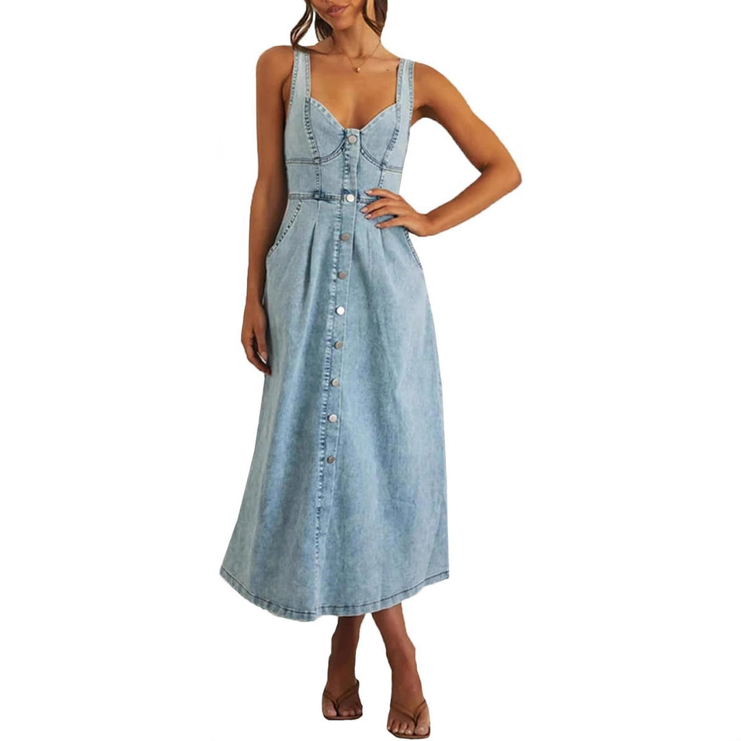 Light blue sleeveless denim midi dress for women, classic button-front. Casual summer day wear.