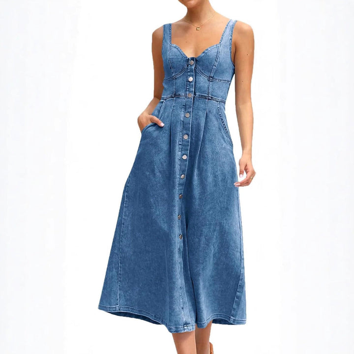Women's dark blue button-front denim midi dress, sleeveless. Flattering and classic casual summer style.