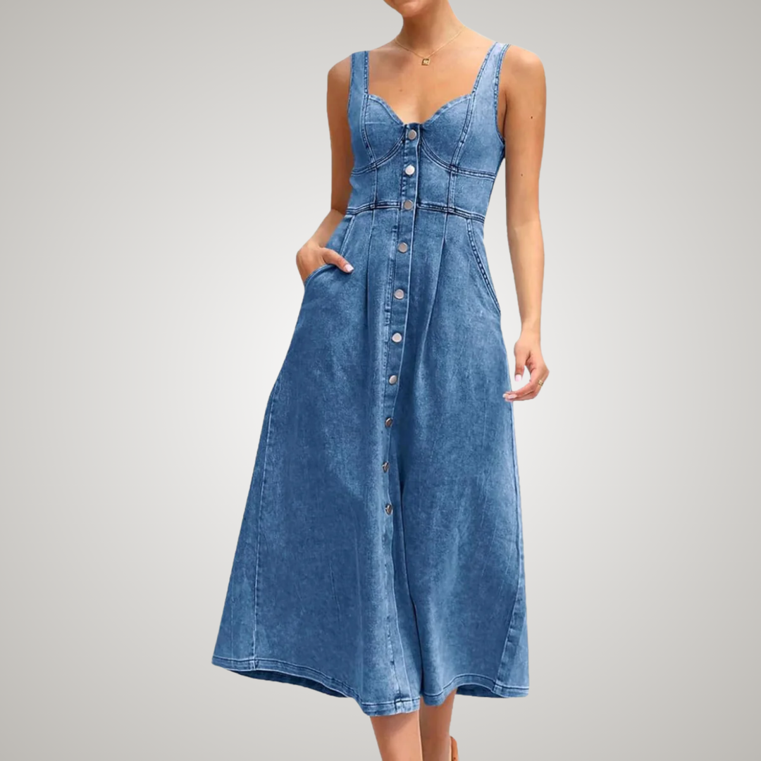 Stylish light blue women's denim midi dress, sleeveless, classic button-front. Comfortable for casual summer wear.