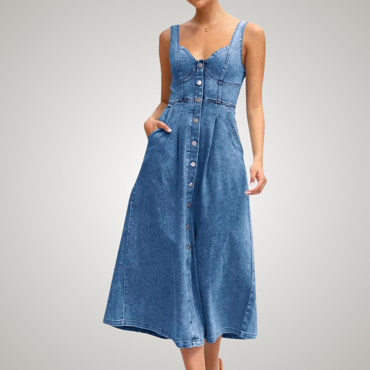 Stylish light blue women's denim midi dress, sleeveless, classic button-front. Comfortable for casual summer wear.