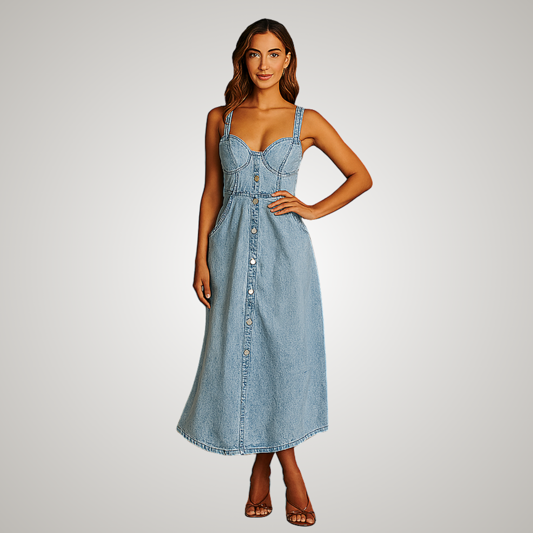 Dark blue sleeveless denim midi dress for women, featuring a classic button-front. Versatile casual summer outfit.