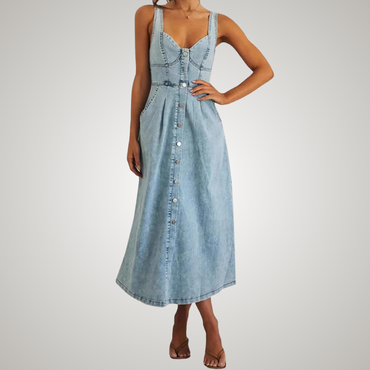 Women's light blue casual denim midi dress, sleeveless with a button-front. Essential classic summer day wear.