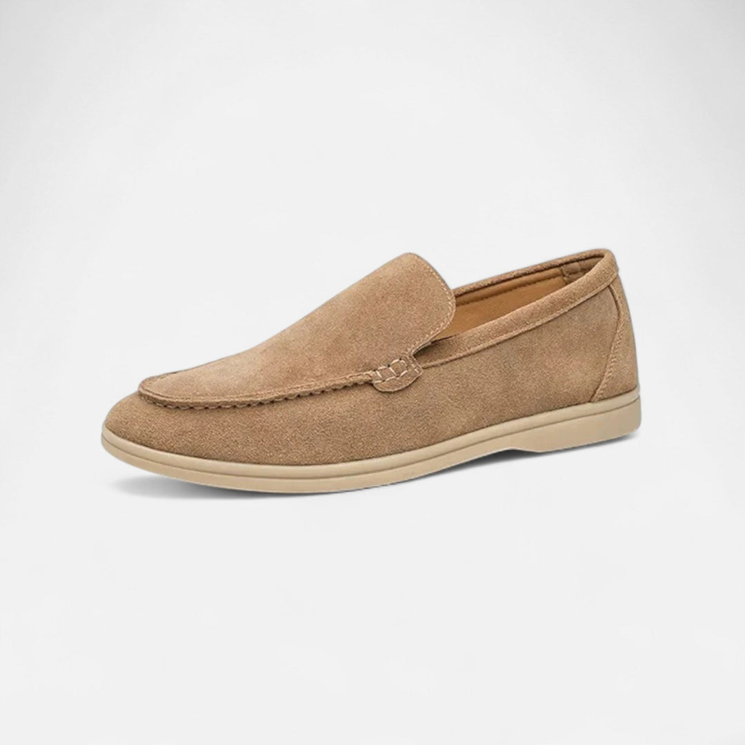 Light brown men's slip-on loafers, classic old money style. Elegant & comfortable footwear for both casual & dress occasions.