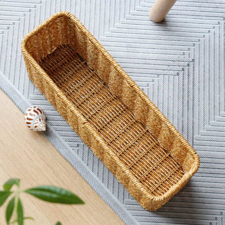 Light coffee woven rectangular storage basket for home organization. Perfect decorative storage for living room or bedroom.