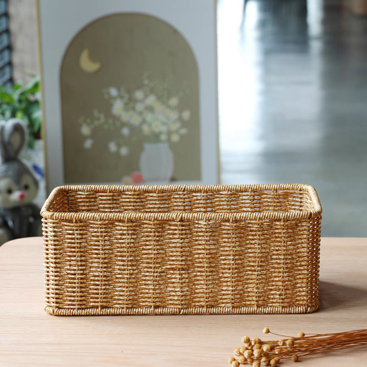 Hand-woven light brown rectangular basket for stylish home storage. Ideal for decluttering bedrooms & living spaces.