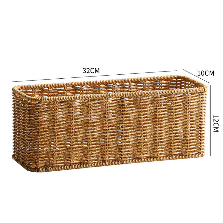 Decorative light coffee woven storage basket. Rectangular design for organizing items in any room. Home decor essential.