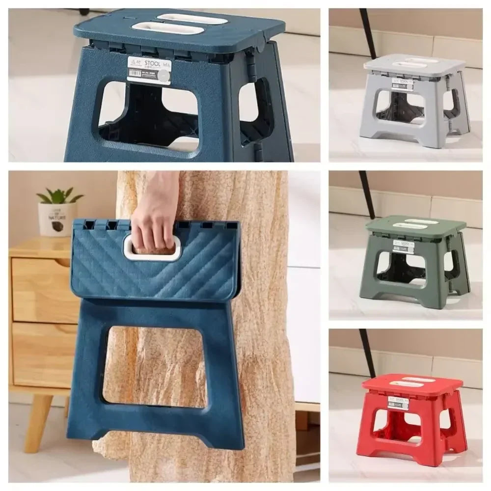 Compact plastic folding step stool, portable for easy home use & storage.