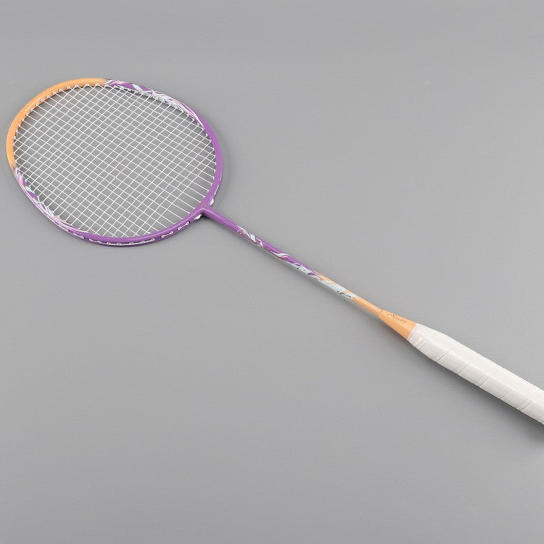 Lightweight lilac badminton racket for performance players. Unisex athletic sports equipment for training.