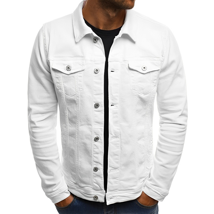 Men's classic fit button-up denim jacket with multi-pockets, ideal lightweight outerwear for summer fashion.