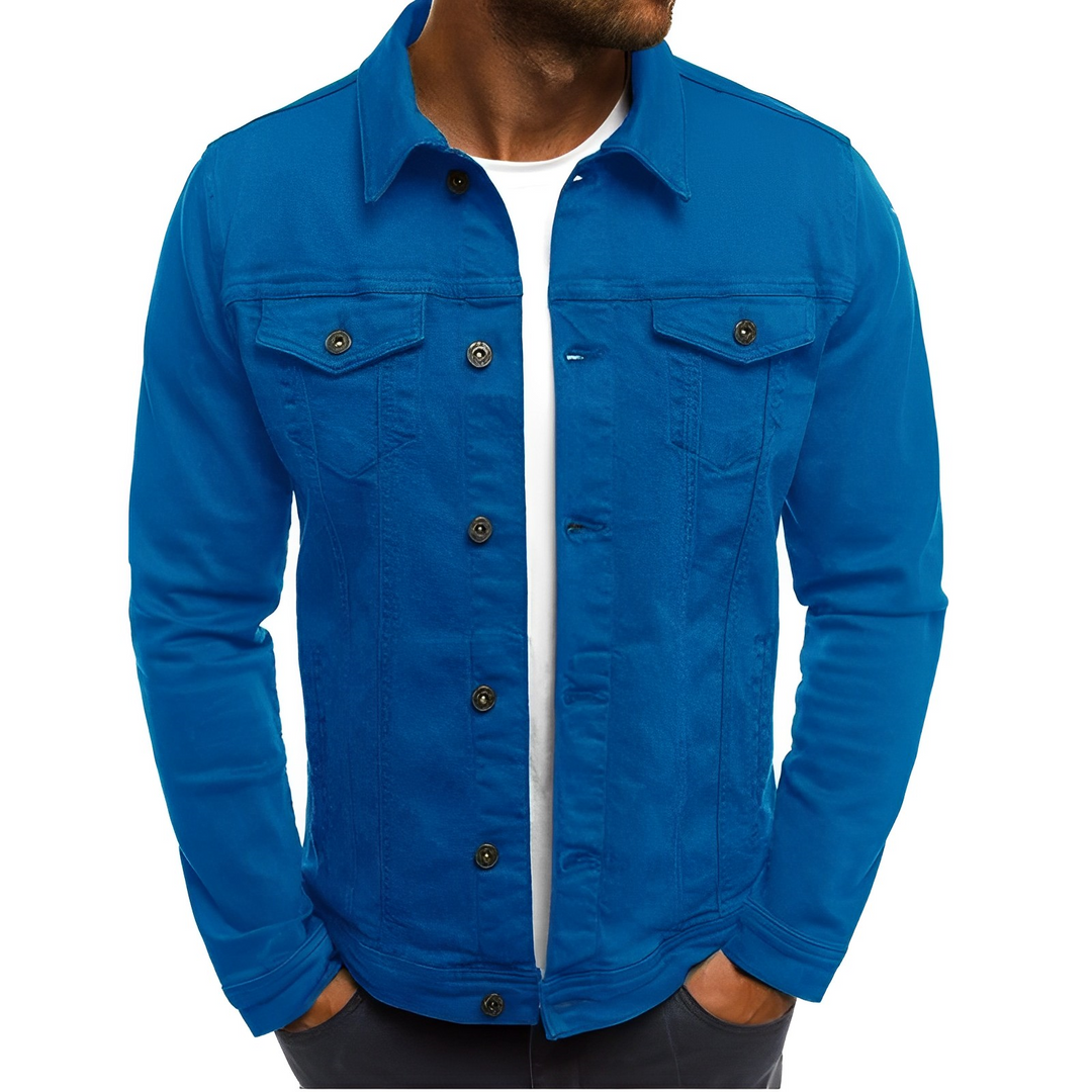 Front view: Men's lightweight denim summer jacket, button-up closure & multi-pockets for casual warm weather style.