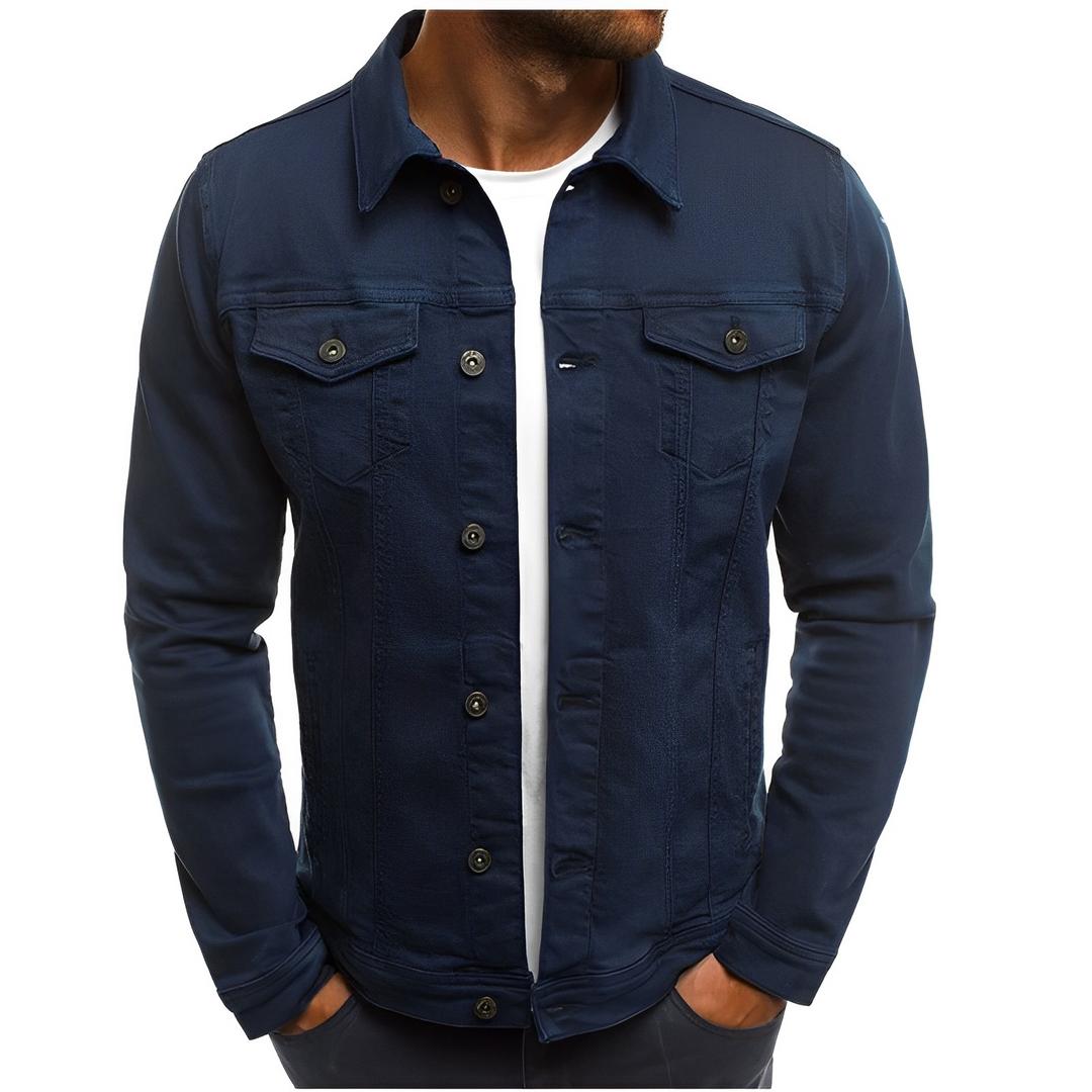 Close-up of lightweight denim fabric on a men's summer jacket, highlighting its casual texture & quality.