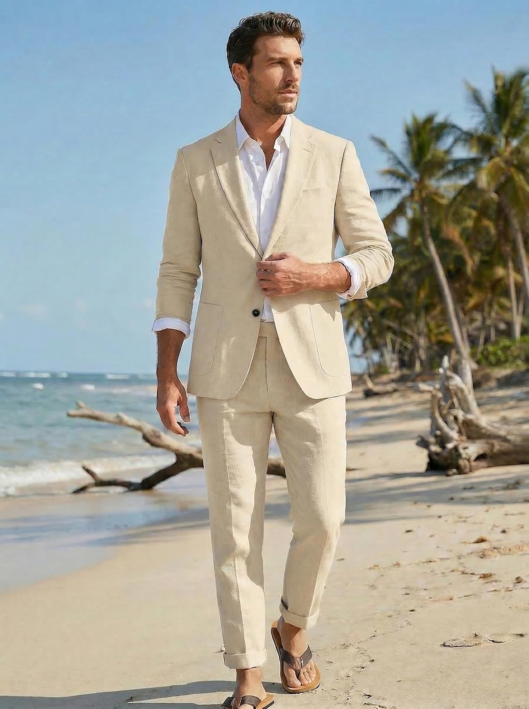 Lightweight men's summer two-piece suit, perfect for smart casual events & warm weather.