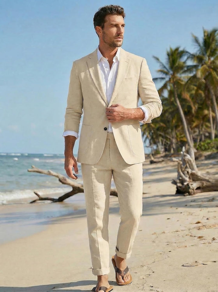 Lightweight men's summer two-piece suit, perfect for smart casual events & warm weather.