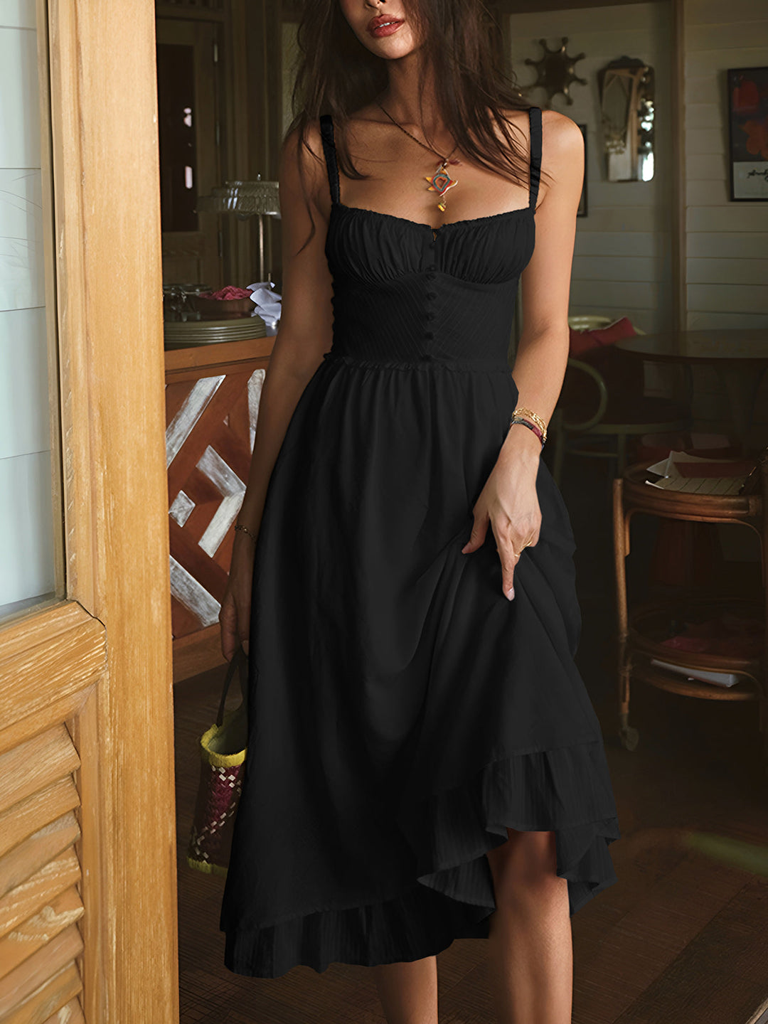 Trendy women's ruffle hem cami midi dress, an essential for stylish summer looks and casual elegance.
