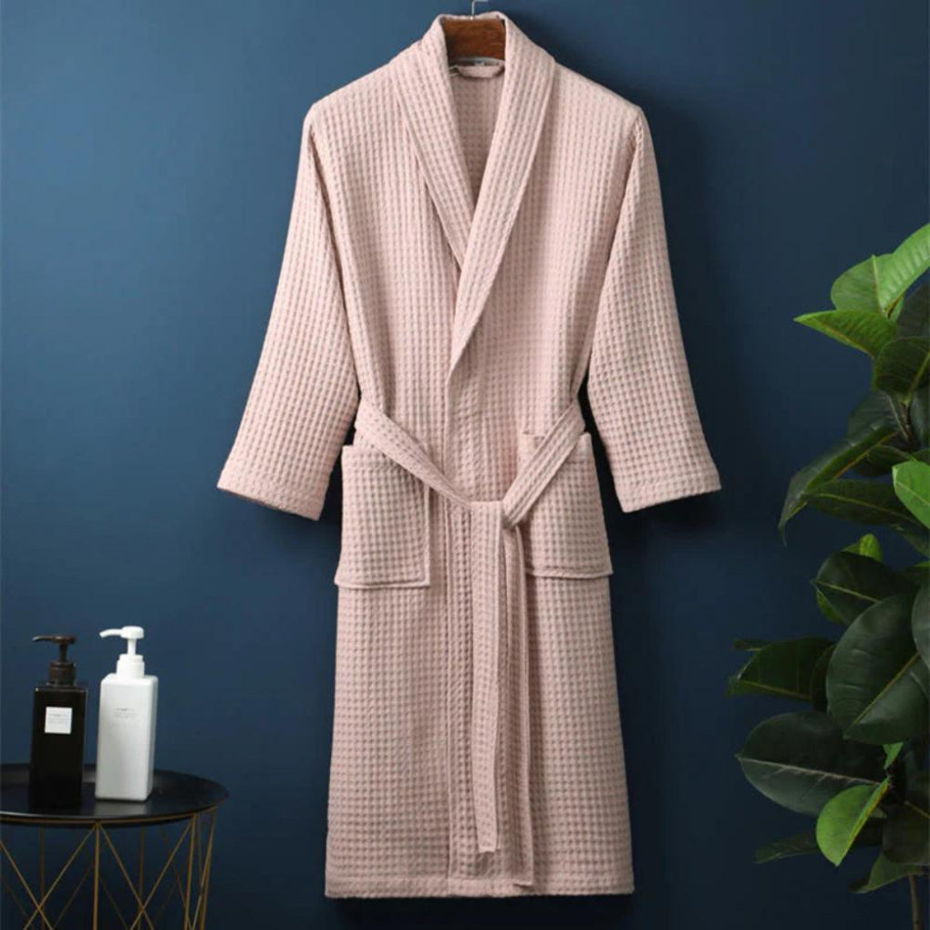 Lightweight waffle cotton terry bathrobe, soft & comfortable unisex loungewear for home or spa.