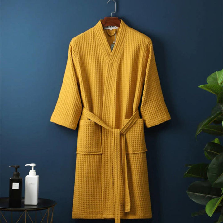 Unisex waffle terry cotton bathrobe, perfect for spring/summer comfort, ideal spa or home loungewear.