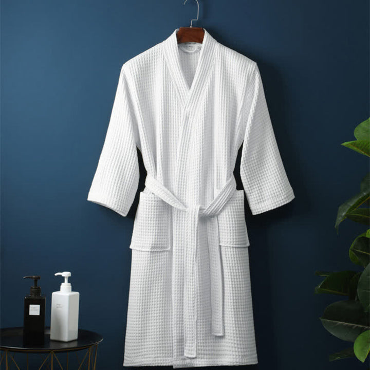 Couple-friendly unisex waffle cotton terry bathrobes, lightweight & comfortable, ideal for spa or home relaxation.