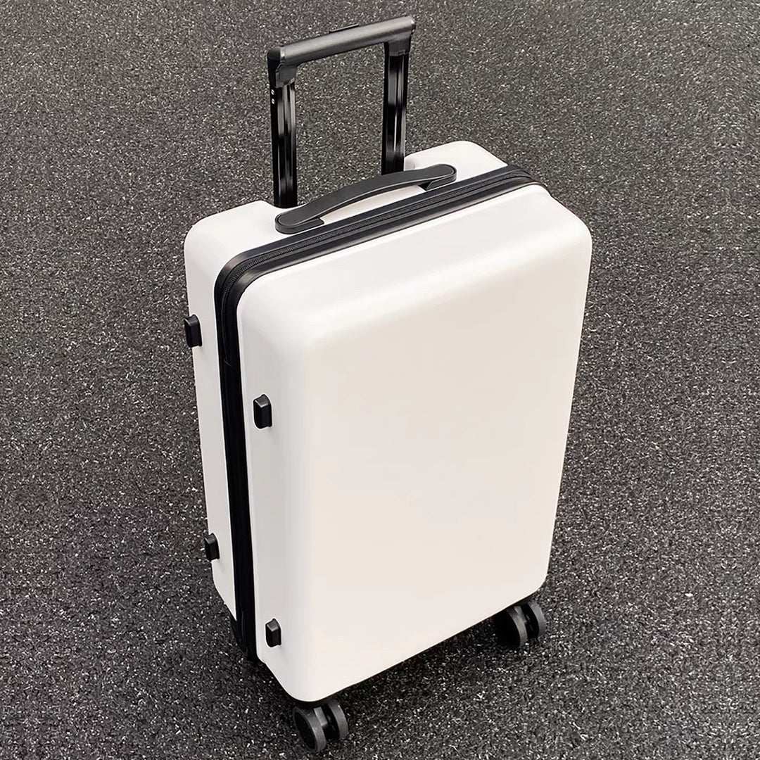 Durable white hardside luggage, ideal for vacation & business trips, smooth spinner wheels.