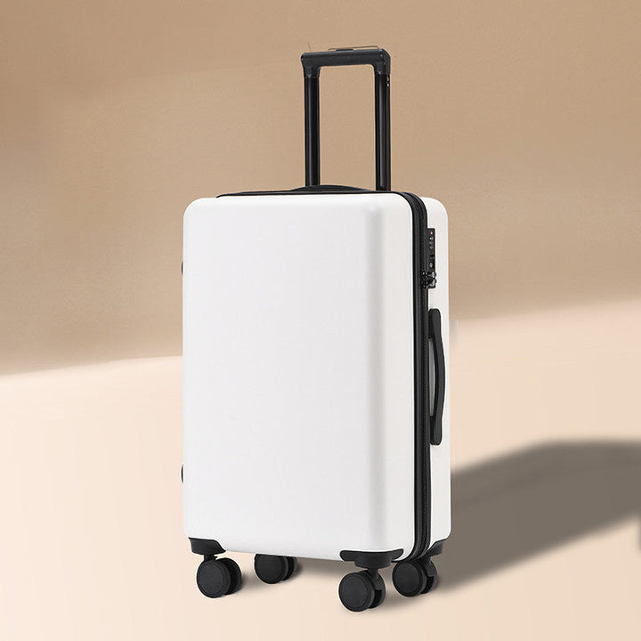 Compact white hard shell spinner suitcase, built for durability and ease during any journey.
