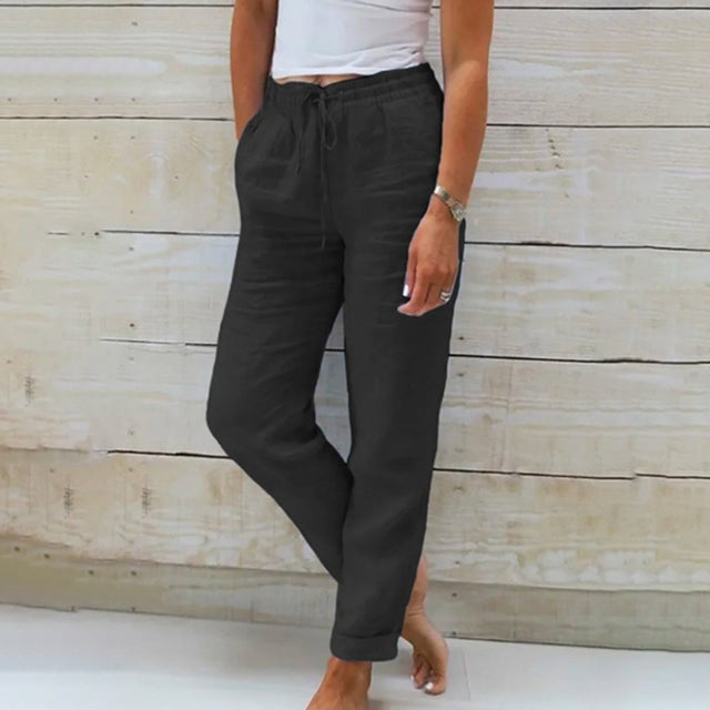 Comfortable women's straight leg drawstring pants, ideal for casual wear and relaxed summer fashion.