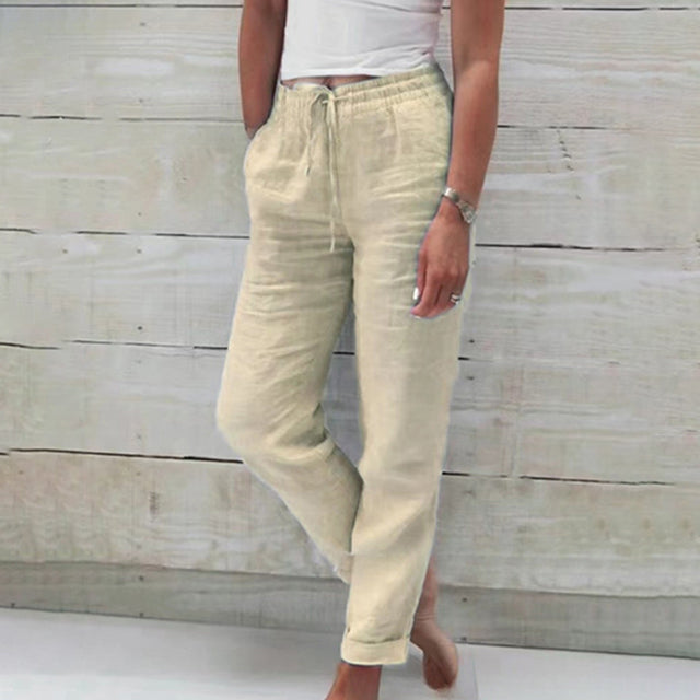 Soft, lightweight women's drawstring summer pants with a relaxed fit, perfect for comfortable casual wear.