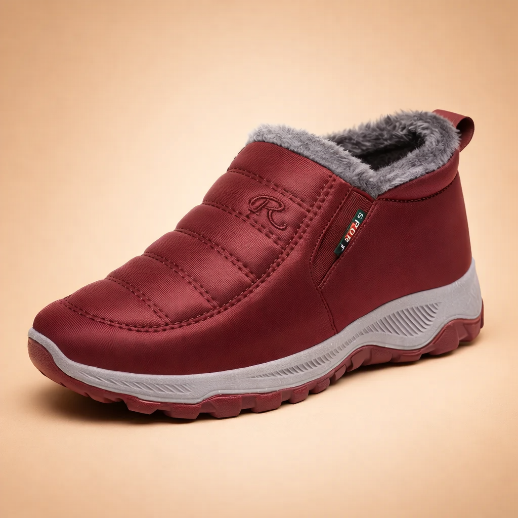 Lightweight women's slip-on winter boots, comfortable for everyday wear. Available in red and black.