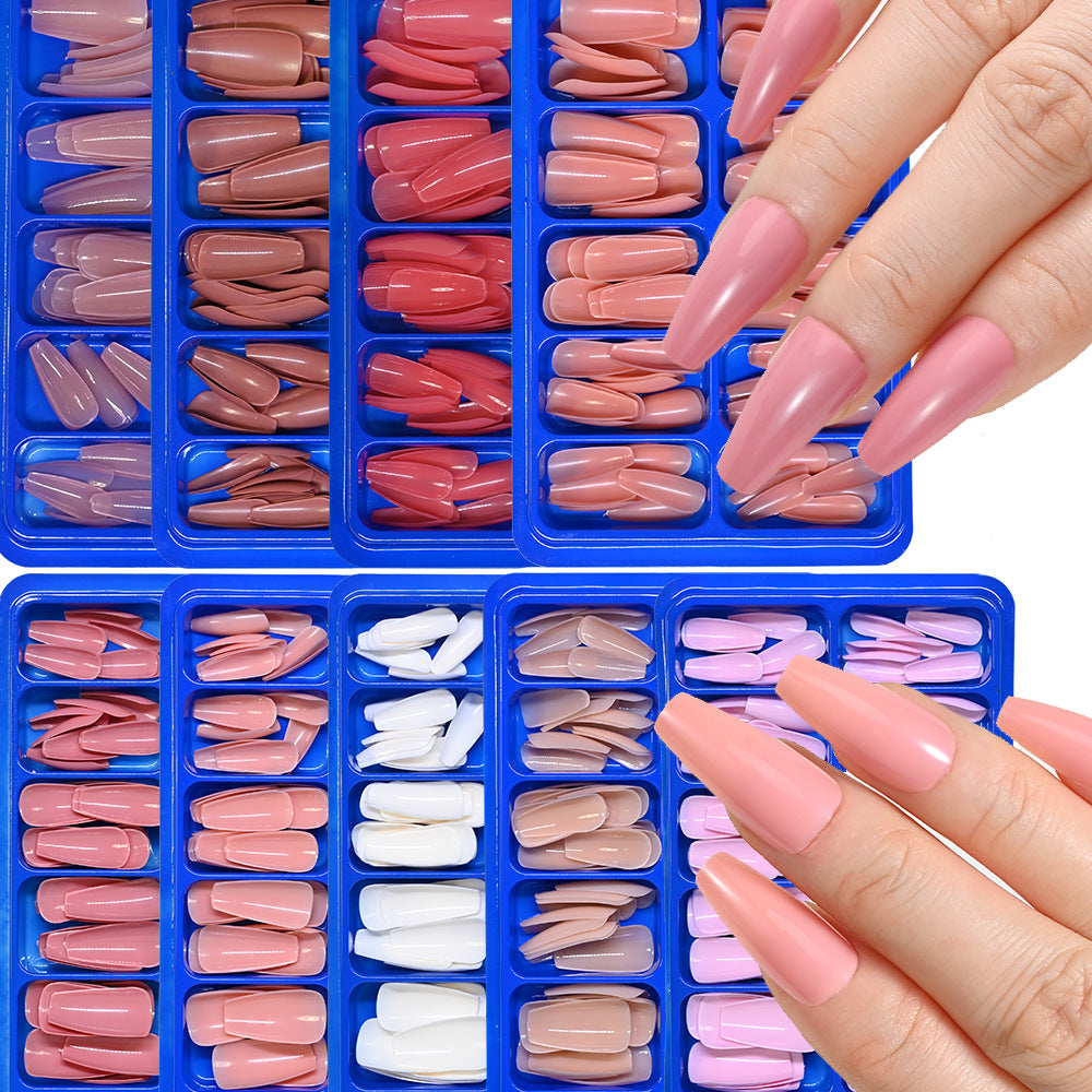 Long luxurious press-on nails for women, featuring elegant coffin and almond shapes.