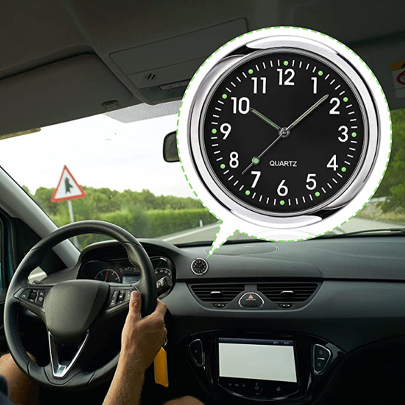 Portable luminous dashboard clock, a universal mini car accessory for vehicle interior and driving safety.