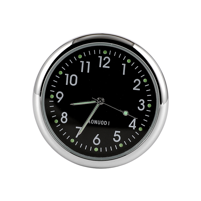 Universal luminous mini car clock, easily mounts to dashboard, also a portable office desk timepiece.