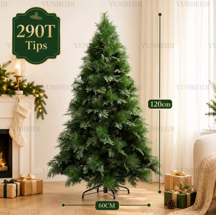 Lush artificial Christmas tree with realistic hybrid branches, perfect for festive holiday decor.