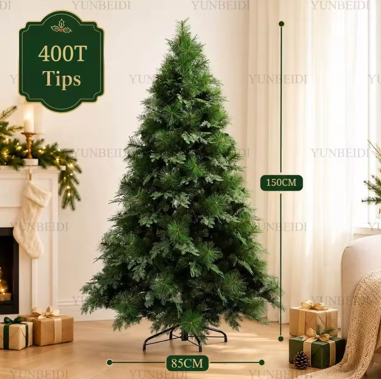Full, realistic artificial Christmas tree with PVC PET branches, offering easy setup & reusable indoor decor.