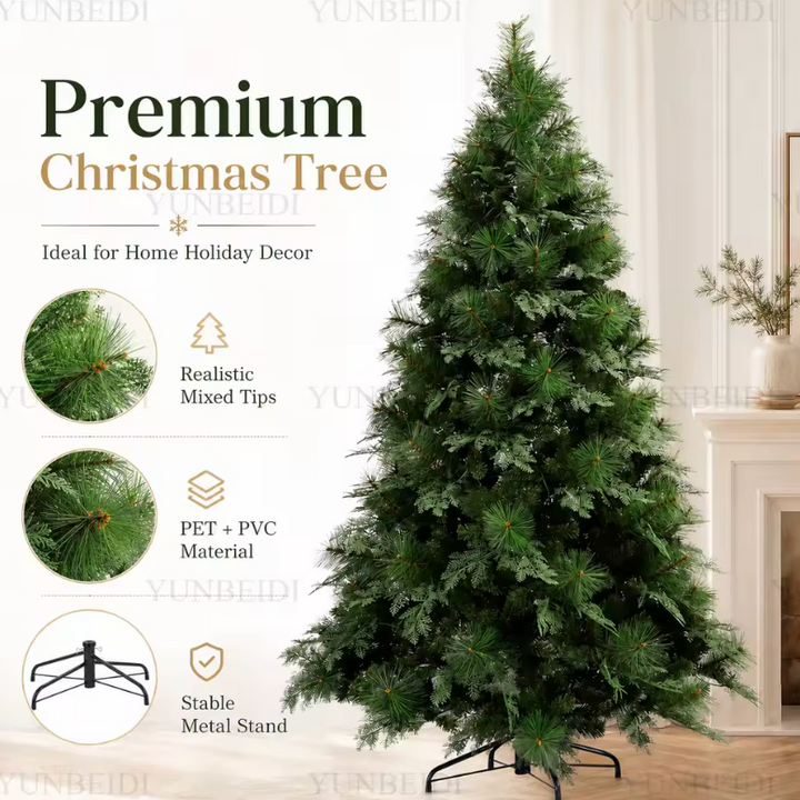 Tall artificial Christmas tree, featuring realistic hybrid branches & a full, lush design for indoor decor.