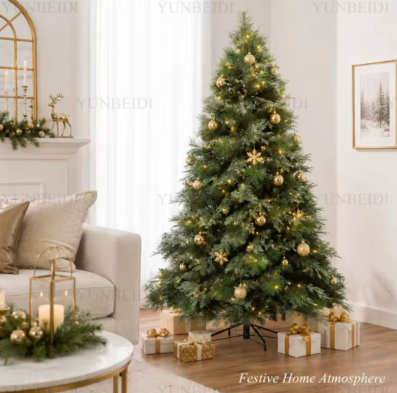 Premium artificial Christmas tree with realistic PVC PET hybrid branches, ideal for festive home decor.