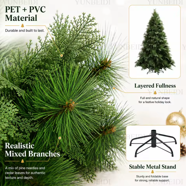 Lush and realistic artificial Christmas tree, a full festive tree for indoor holiday decoration.