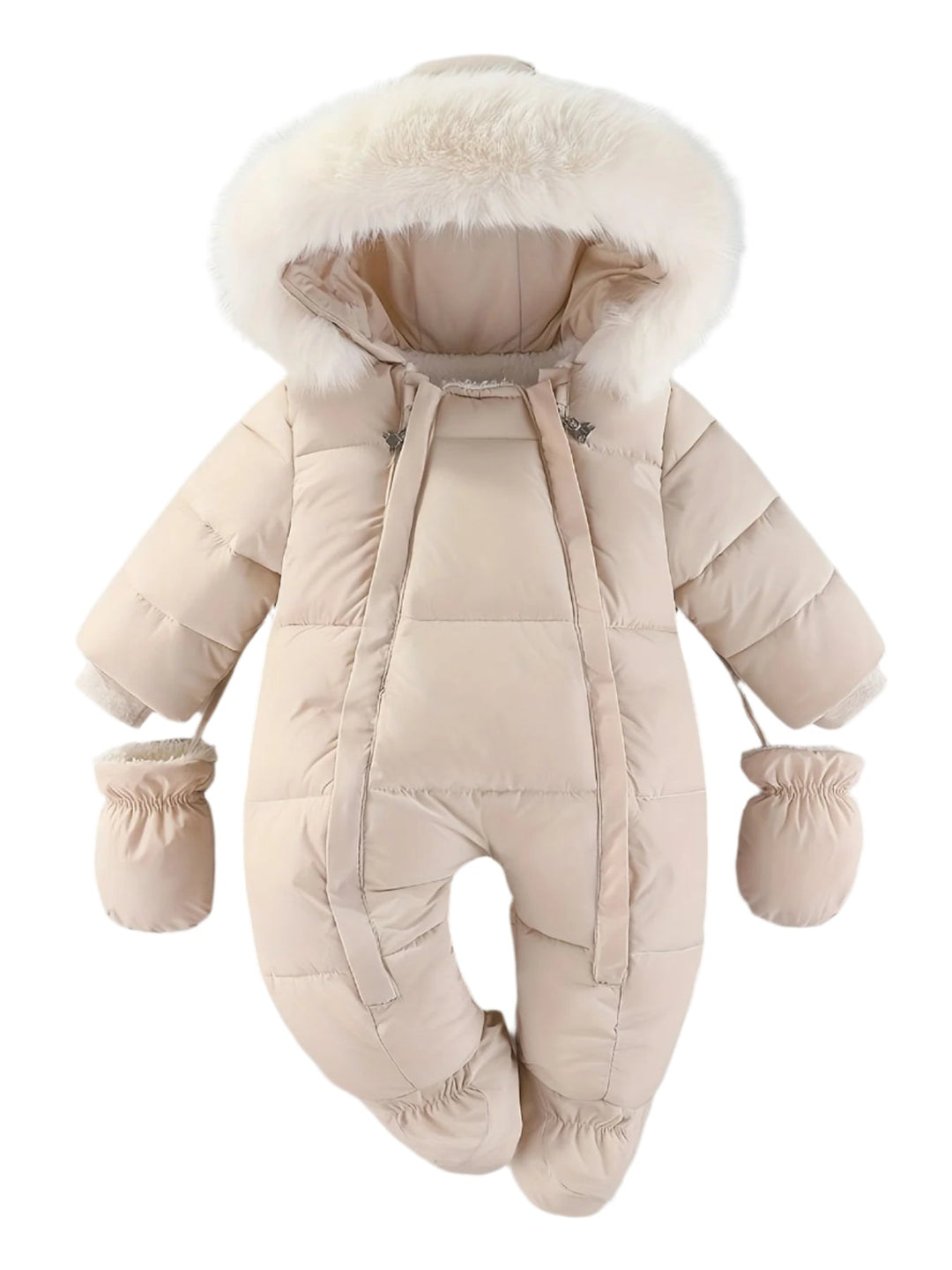 Luxurious hooded baby winter romper, perfect for keeping infants warm in cold weather.
