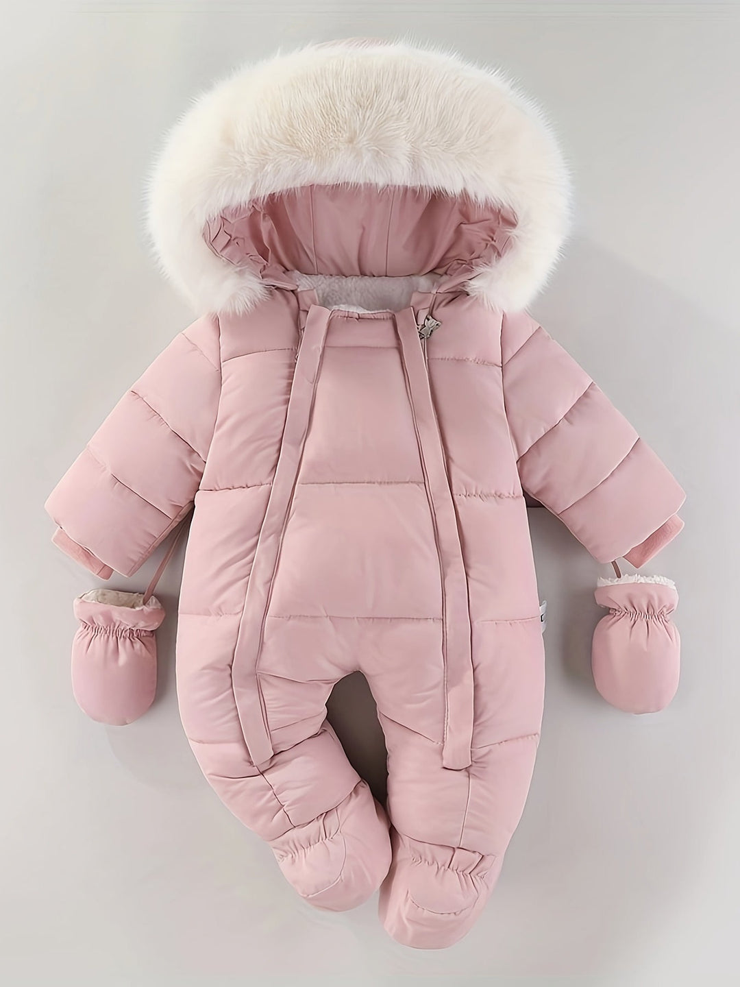 Cozy infant winter jumpsuit with hood, keeping babies warm and comfortable in frosty weather.