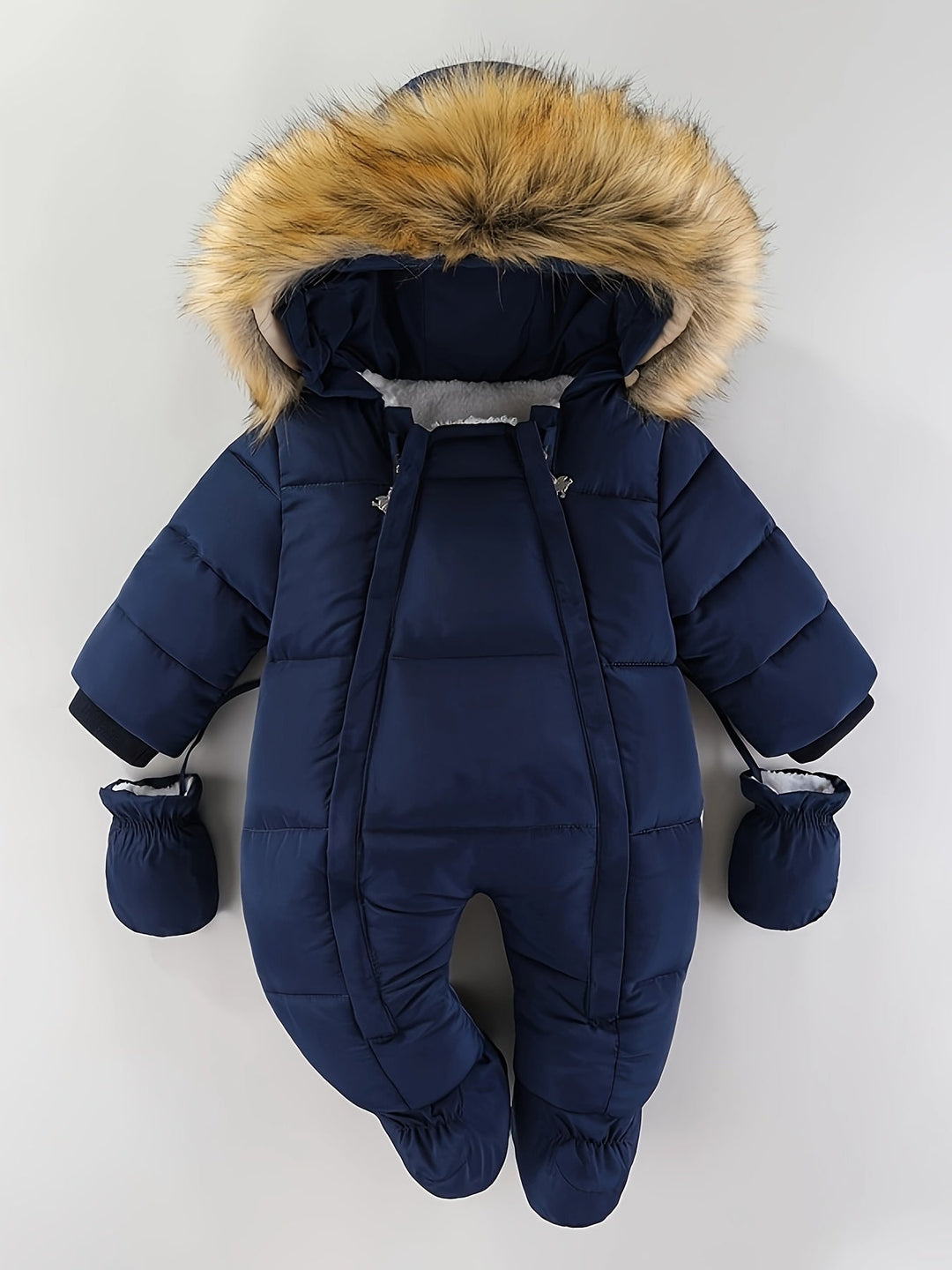 Unisex baby winter romper, luxurious hooded design for ultimate cold weather comfort & warmth.