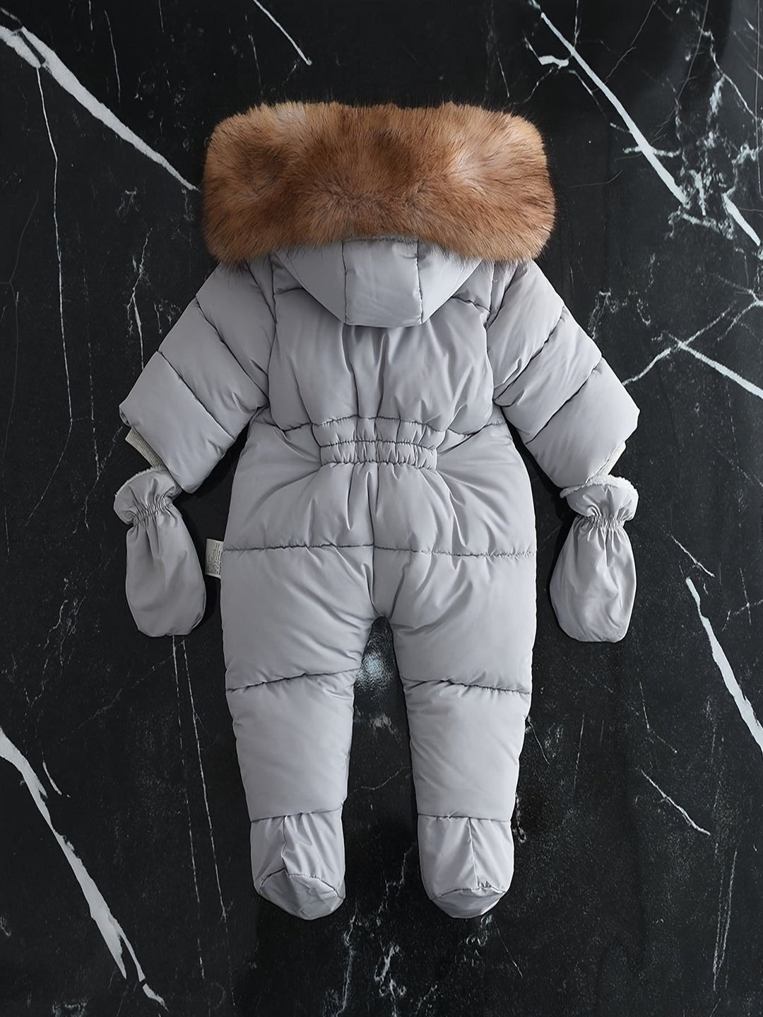 Luxe hooded baby romper, a stylish winter jumpsuit for infants & toddlers to stay warm.