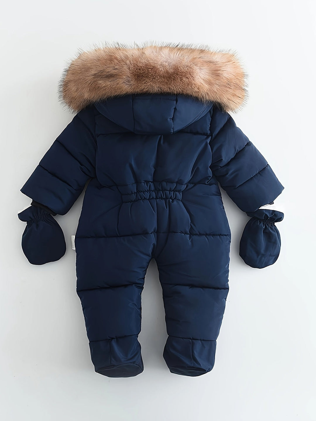 Hooded baby winter romper, providing extra warmth and cozy protection for cold weather outings.