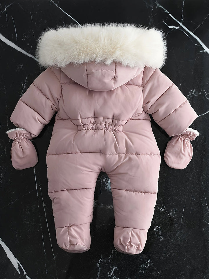 Comfortable infant winter jumpsuit, a soft hooded romper for cozy cold weather wear.