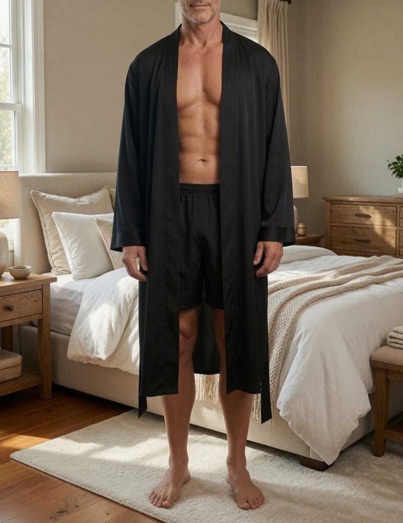 Luxurious men's two-piece robe and shorts lounge set in soft fabric for ultimate comfort and relaxation.