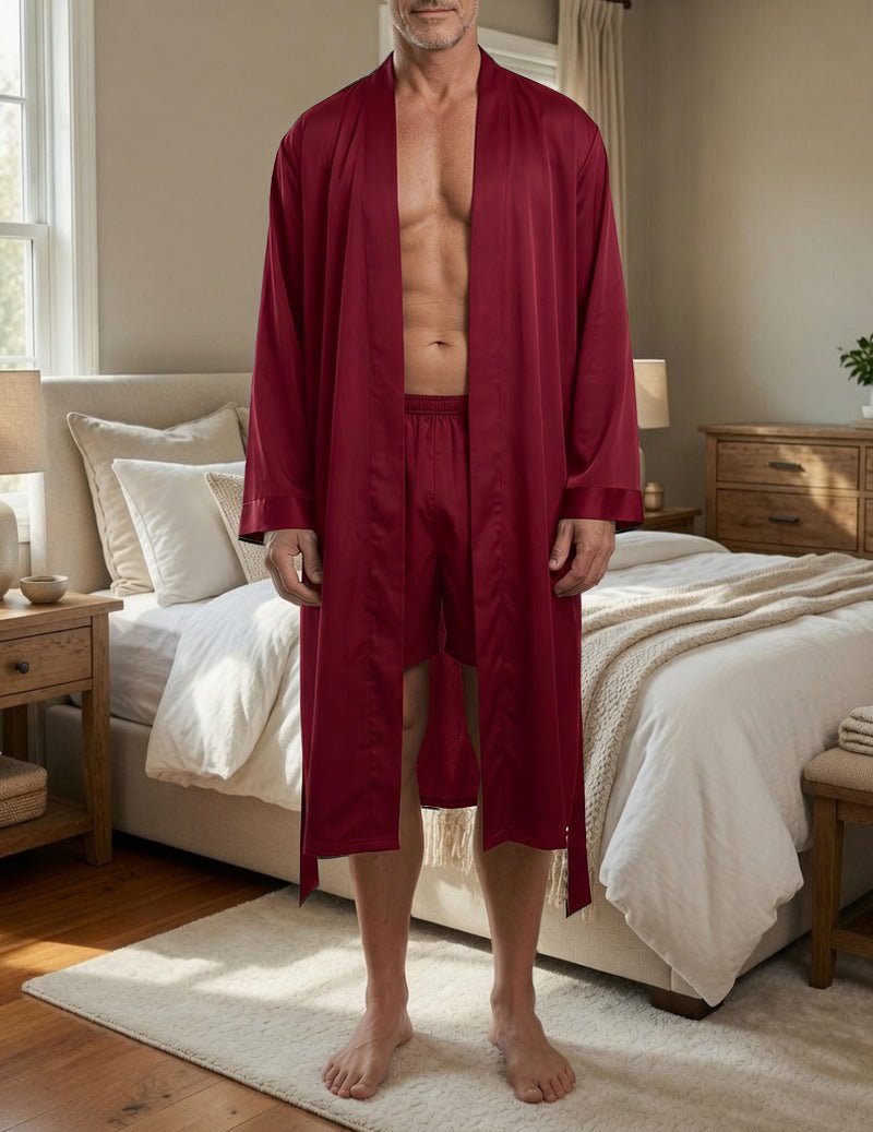 Men's elegant lounge set, robe & shorts, for resort wear or comfortable home relaxation. Perfect nightwear.