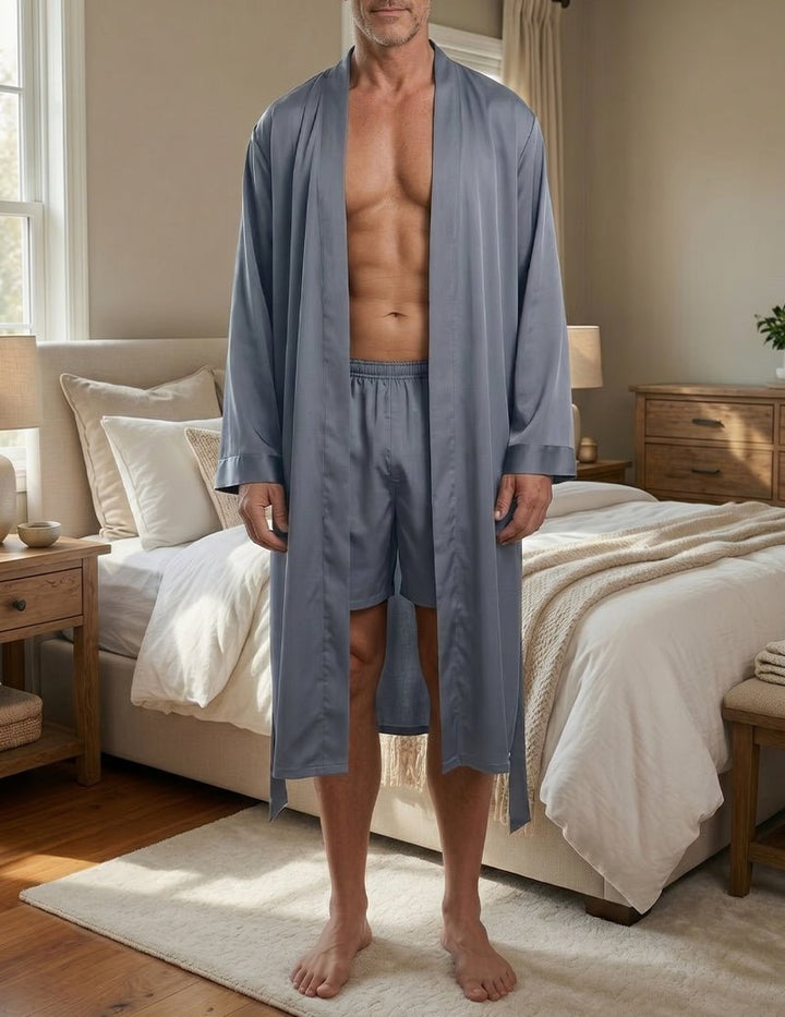Premium men's luxury lounge robe and shorts set, crafted for ultimate comfort and stylish home wear.
