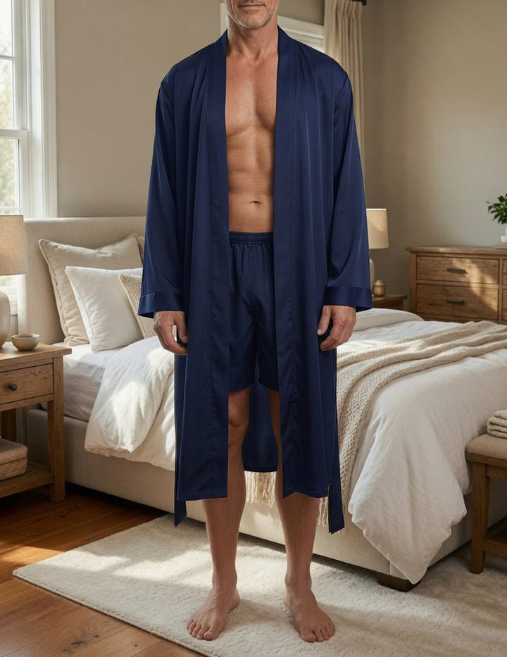 Sophisticated men's two-piece sleepwear: a comfortable robe and shorts lounge set, ideal luxury gift.