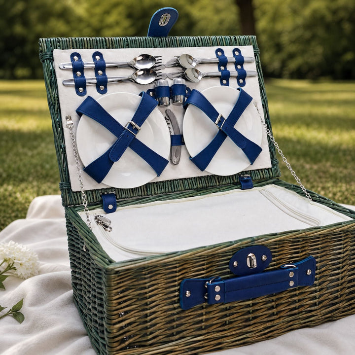 Chic women's outdoor dining basket, equipped with an insulated cooler and a complete crockery & utensil set.
