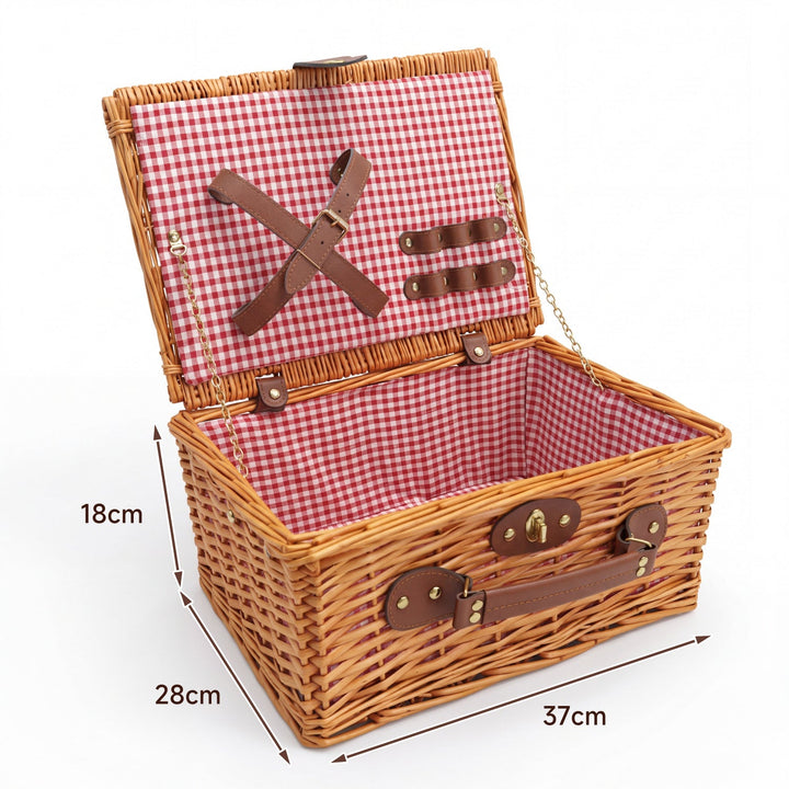 Women's insulated picnic basket, a luxury gift with cooler, plates, glasses & cutlery for elegant al fresco dining.