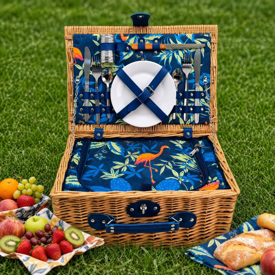 Durable women's picnic basket with built-in cooler & comprehensive crockery set for effortless outdoor dining.