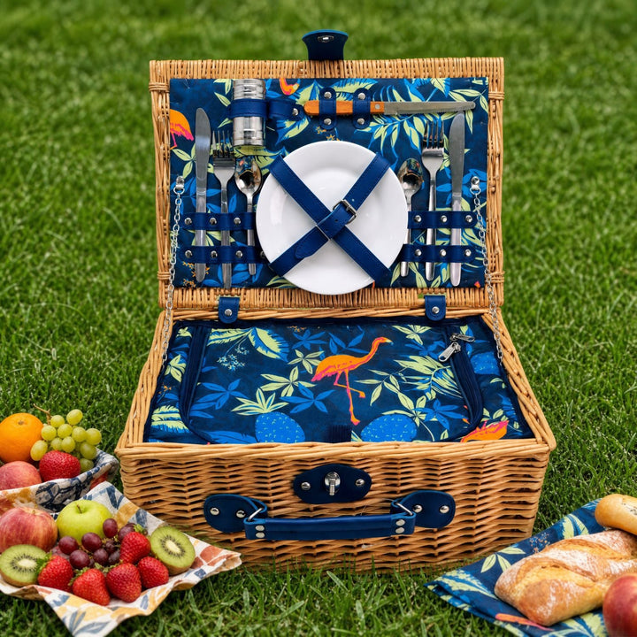 Durable women's picnic basket with built-in cooler & comprehensive crockery set for effortless outdoor dining.