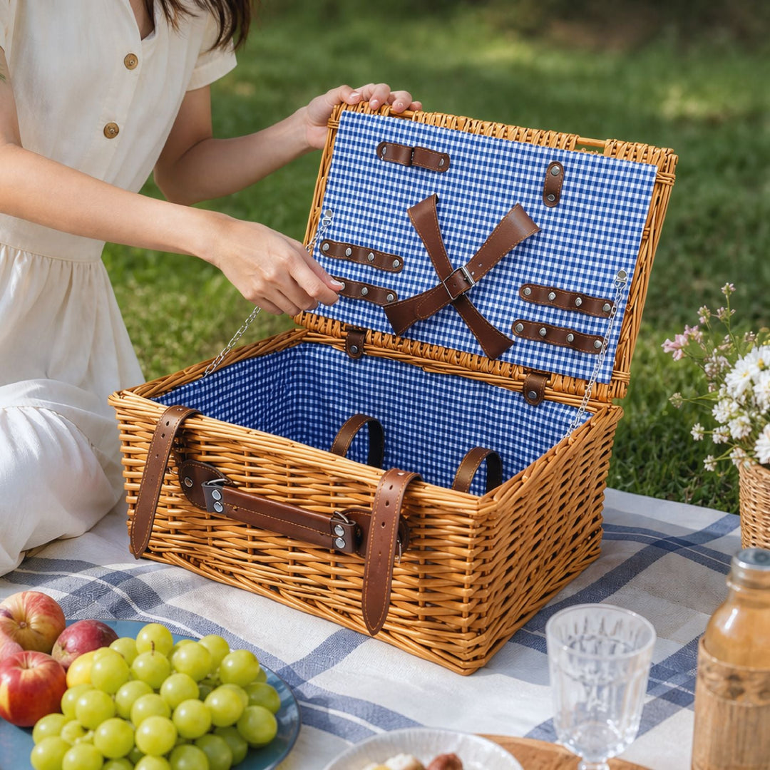 Women's summer picnic basket, a luxury cooler set with full crockery, ideal for beach trips & park outings.