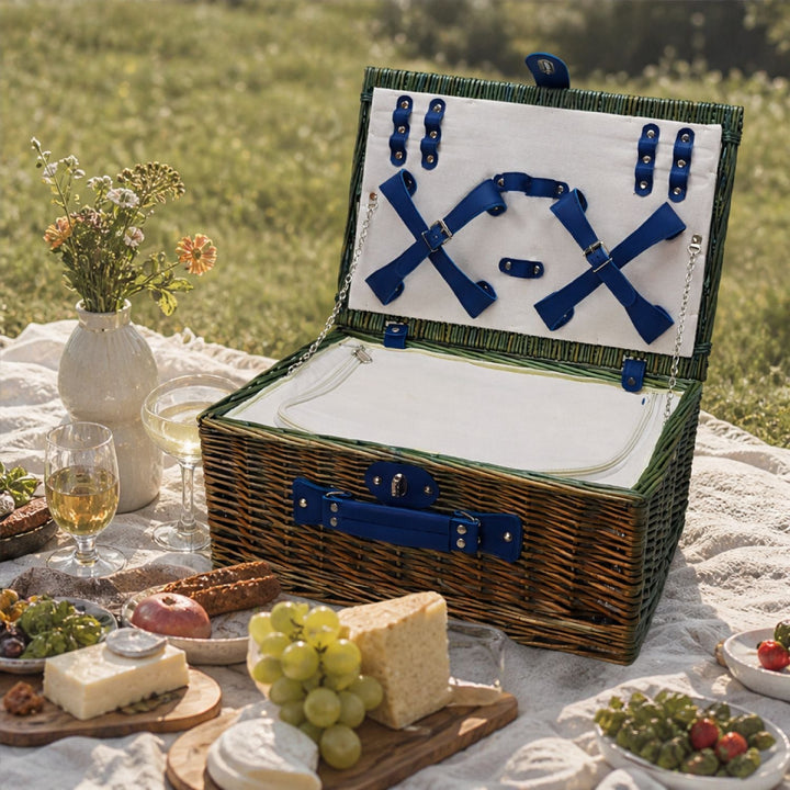 Gorgeous women's picnic basket, complete with an insulated cooler & charming crockery set for two or four.